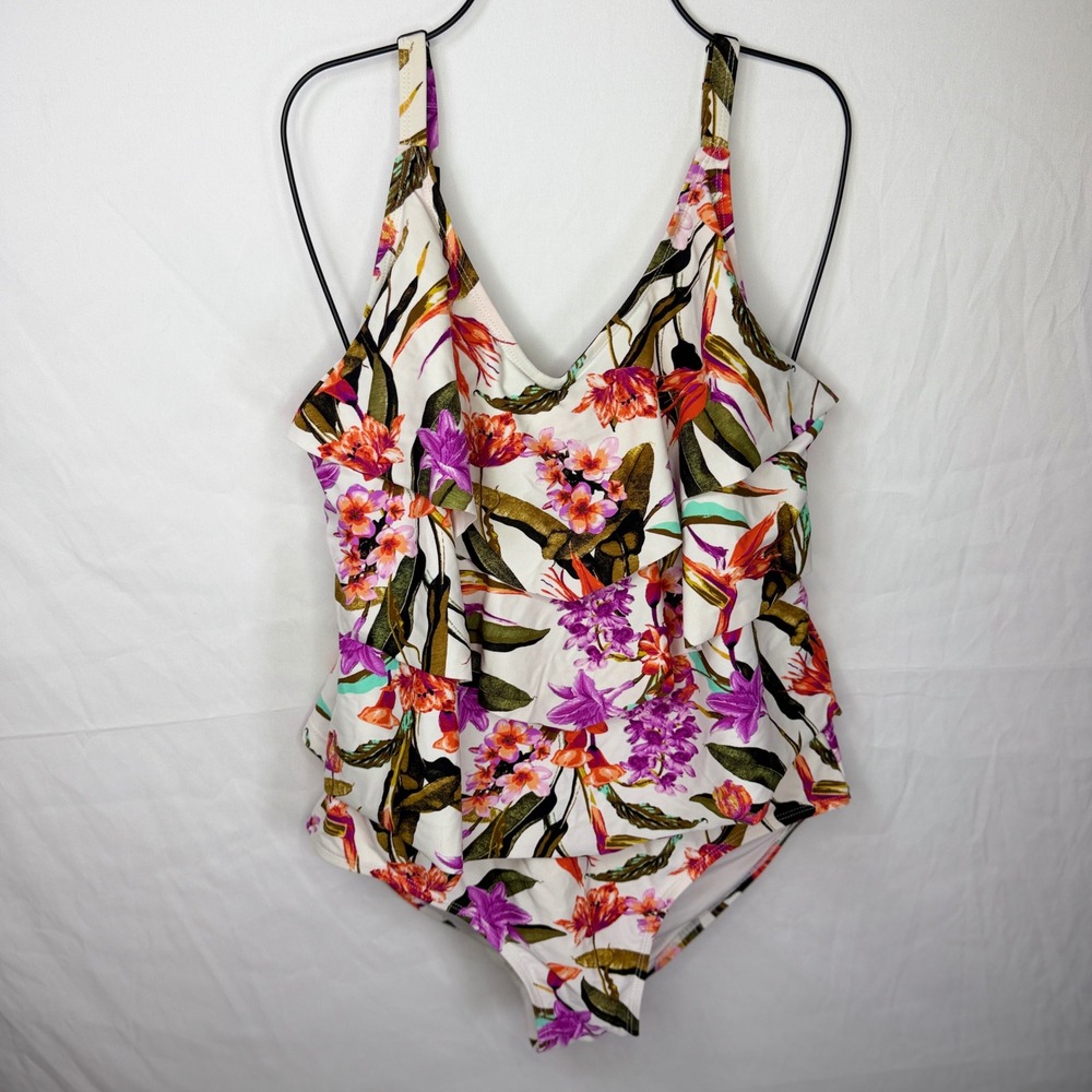 Island Pearls One Piece Swimsuit Womens Large White Floral Ruffle Tiered